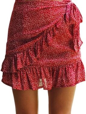Floral Mini Skirts Wrap Pleated Ruffle Hem Cute Beach A Line Shorts Skort